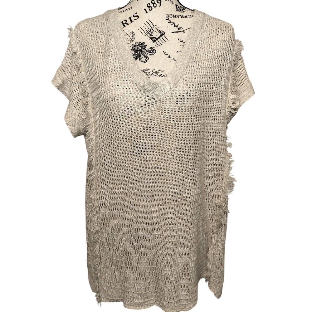 Lumiere Women's S Oatmeal Beige Open Knit Fringe V-Neck Cap Sleeve Sweater